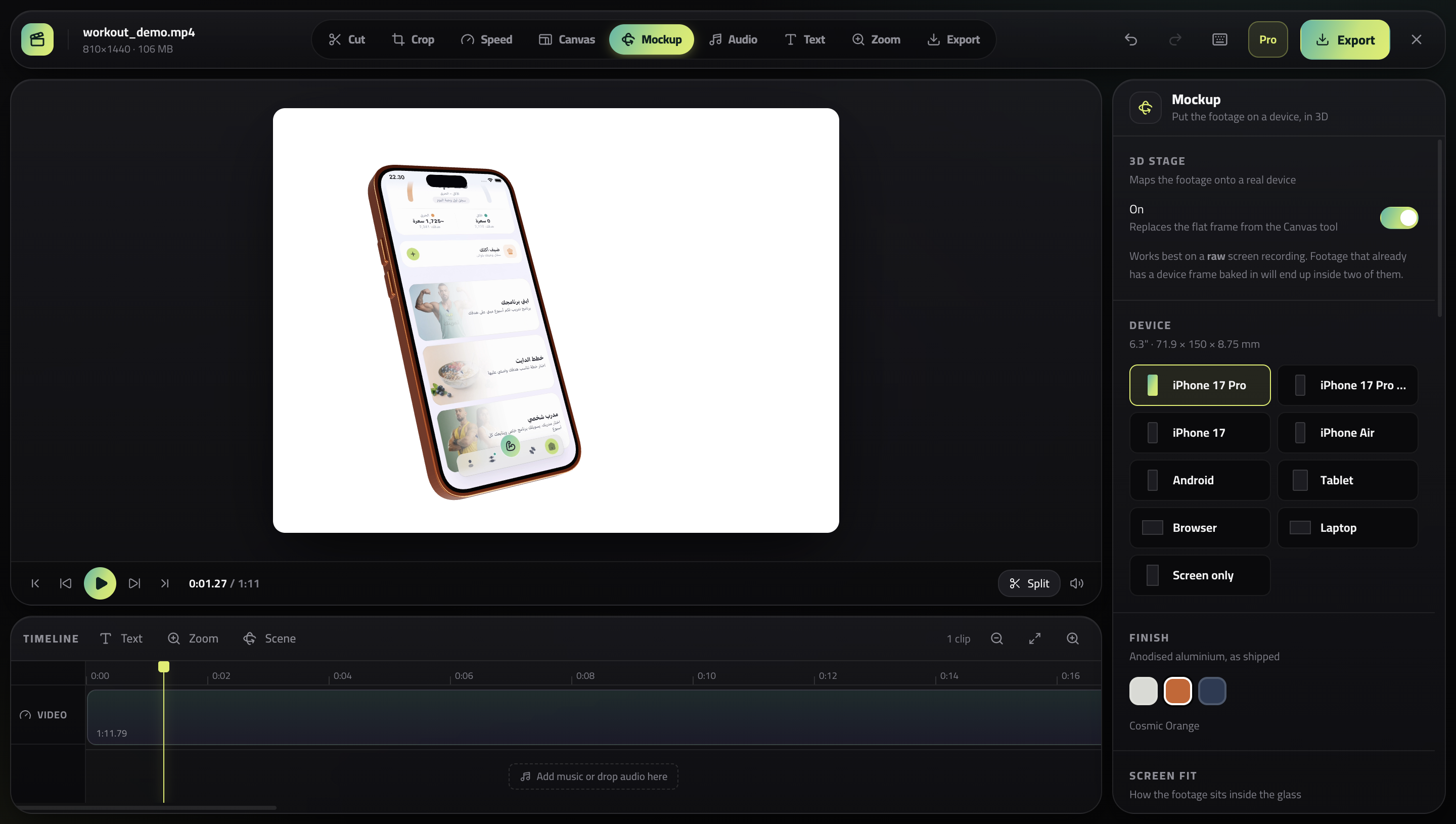The Temrinak Studio editor with a recording mapped onto a 3D iPhone